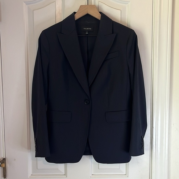 Talbots | Wool Blend One Button Pintripe Navy Blazer Sz 4 Suiting Office Career - Picture 3 of 10